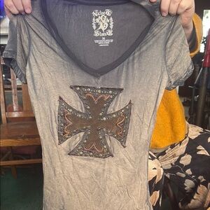 Ed Hardy Gray V-Neck T-Shirt with Cross Design